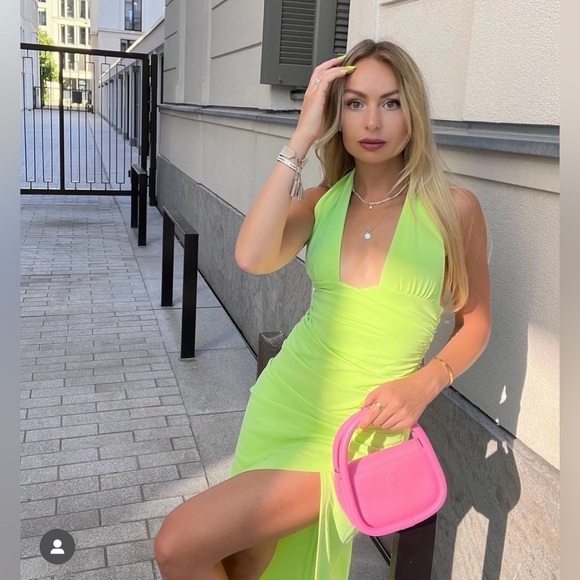Zara dress drapped fit halter midi wedding party coctail fitted lime